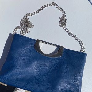 Blue leather bag, silver chain - good condition